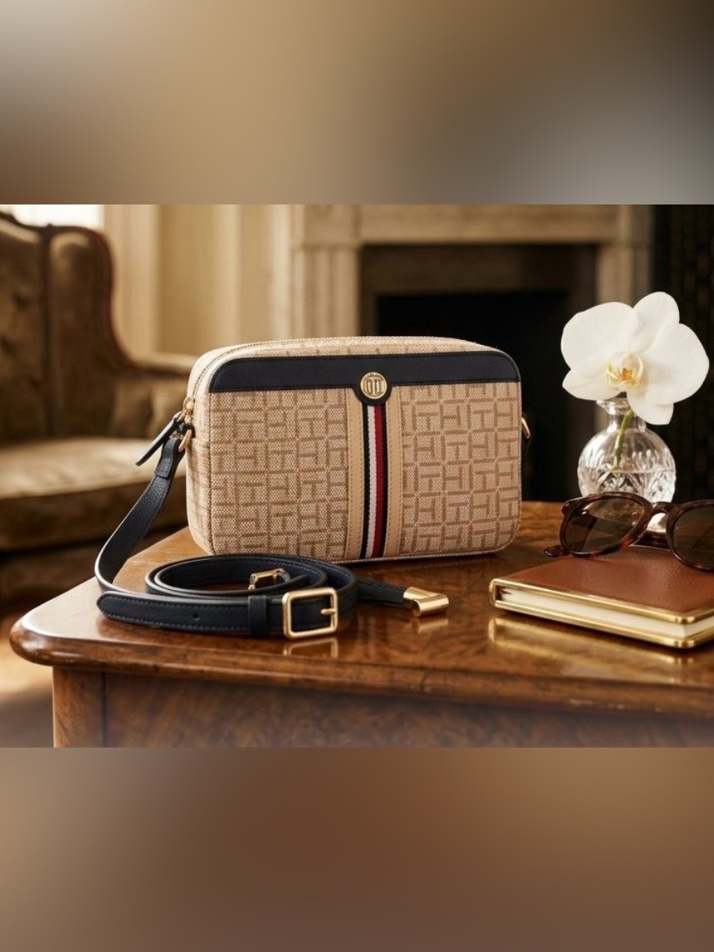 Tommy Hilfiger Beige Logo Crossbody with Navy Trim and Ribbon Stripe